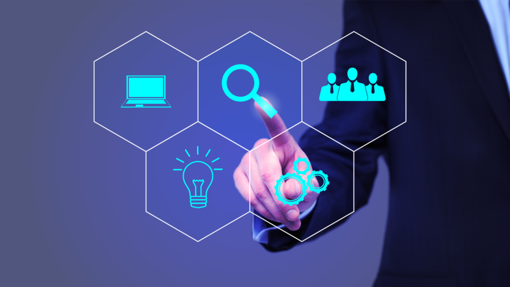 Interface numérique avec icônes interactives technologiques.